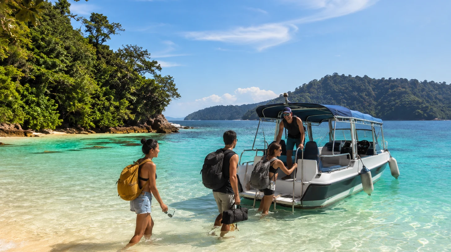 Travelers arriving at a tropical Sabah island shore