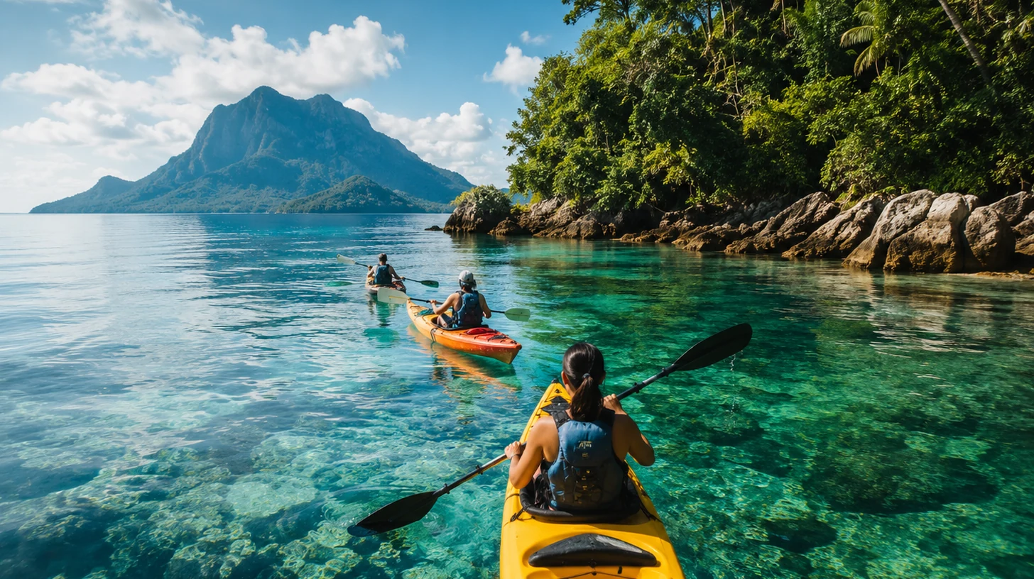 Kayakers exploring a calm turquoise bay in Sabah